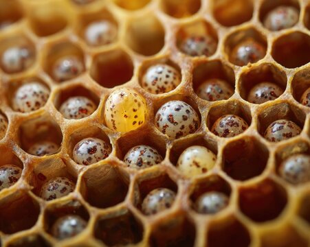 A macro shot of bee eggs and larvae in open cells, royal jelly visible, beginning of life, beekeeping science