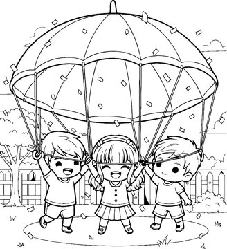 Three Children Playing Together Under Large Parachute Toy.