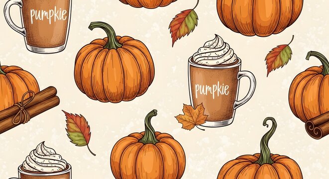 Seamless pattern with pumpkins, pumpkin spice lattes, cinnamon sticks and autumn leaves