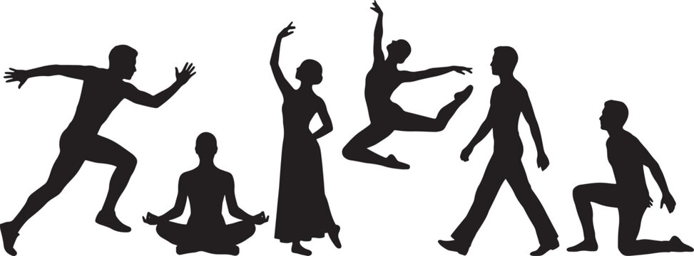 Silhouettes of people in various dynamic poses, including running, dancing, jumping, and meditation.
