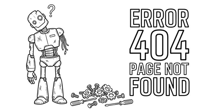 Robot broken down with question mark illustration on error 404 page