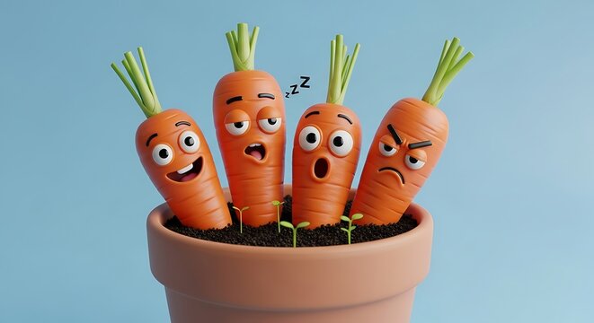 Carrots with expressive faces grow inside a ceramic pot to show diverse human emotions ranging from happiness and exhaustion to surprise and anger in a whimsical vegetable garden scene.