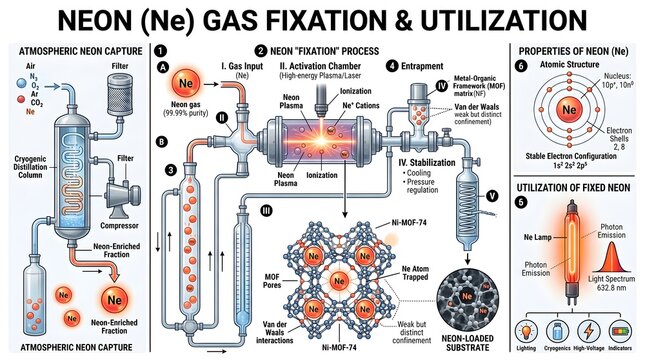 Neon (Ne) gas fixation and utilization infographic showing atmospheric capture, neon throughput process in discharge chambers, excitation and fixation in tubes, atomic structure, emission spectrum and