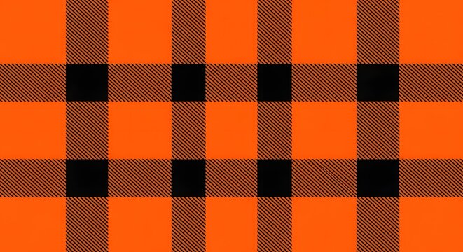 Seamless orange and black buffalo plaid pattern, classic lumberjack fabric texture, checkered textile print for autumn and winter fashion