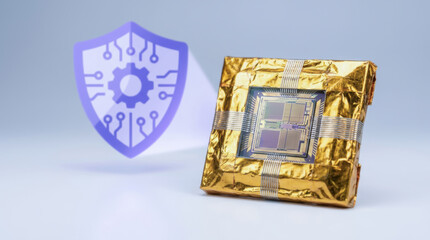 Obraz premium Semiconductor chip protection concept with golden wrapped chip and digital shield symbol representing process security in ongoing chip war