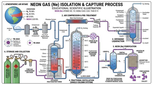 Neon gas (Ne) isolation and capture process infographic explaining fractional distillation of liquid air, low‑temperature rectification, neon‑rich fraction purification and final compression into high