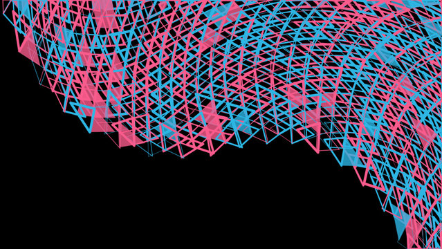 Abstract geometric pattern with intersecting blue and pink triangular wireframe structures