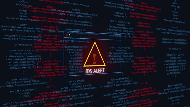 Cybersecurity alert: red digital binary code with warning triangle, ids intrusion detection system red warning screen