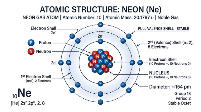 Atomic structure of neon (Ne) scientific chart presenting detailed Bohr model with three electron shells, labeled numbers of protons, neutrons and electrons, atomic radius, group and period, emphasizi