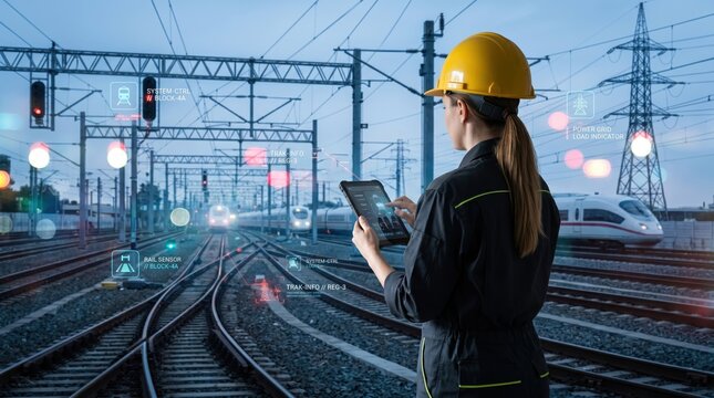 Female railway engineer wearing yellow hard hat using tablet computer to monitor train tracks and signals with augmented reality hud overlay display showing system info and track
