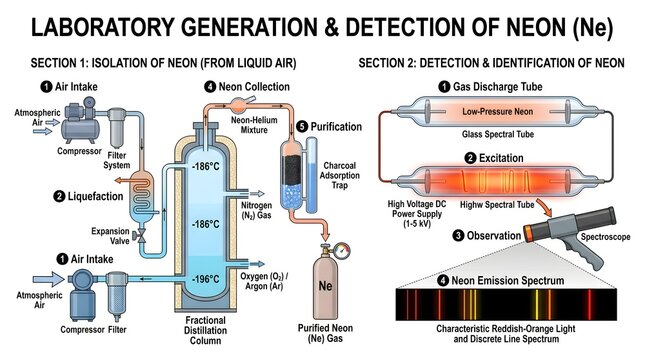Laboratory generation and detection of neon (Ne) infographic detailing isolation from liquid air in a cryogenic column, purification steps, then discharge tube excitation, spectroscope analysis and br