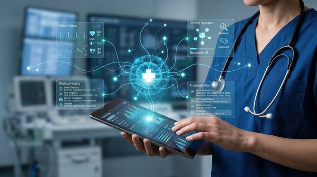 Medical professional doctor using tablet computer with holographic artificial intelligence interface displaying patient vitals
