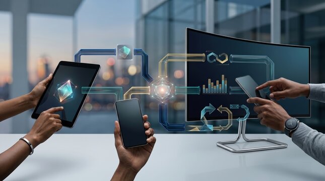 Multi-device digital connectivity and synchronization, tablet smartphone monitor data transfer, cloud computing integration, wireless network sharing