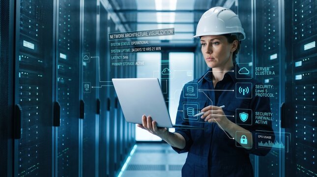 Female engineer managing server cluster architecture in data center using holographic interface for network visualization, security protocols
