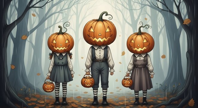 Three children with pumpkin heads standing in a misty autumn forest