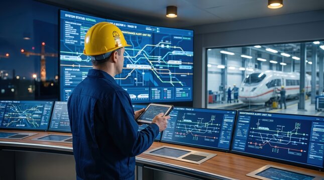 Railway control center operator monitoring train schedule on large digital display screens