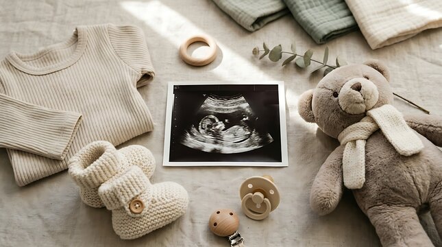 Baby shower with sonogram photo surrounded by newborn clothes toys