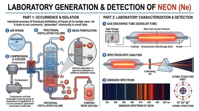 Laboratory generation and detection of neon (Ne) infographic showing industrial occurrence from fractional distillation of liquid air, gas purification, discharge tube excitation and characteristic re