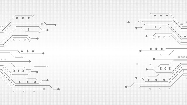 Grey electronic circuit board lines on abstract white tech vector background