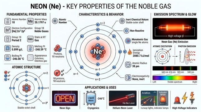 Neon (Ne) key properties of the noble gas infographic combining atomic structure, fundamental constants, characteristic glow discharge spectrum, behavior under high voltage and multiple real‑world app