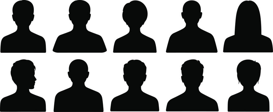 Ten black silhouettes of diverse human head and shoulder profiles
