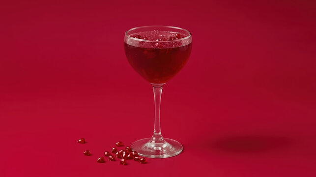 Ruby pomegranate juice in elegant stemmed glass, glossy seeds scattered, moody red mood