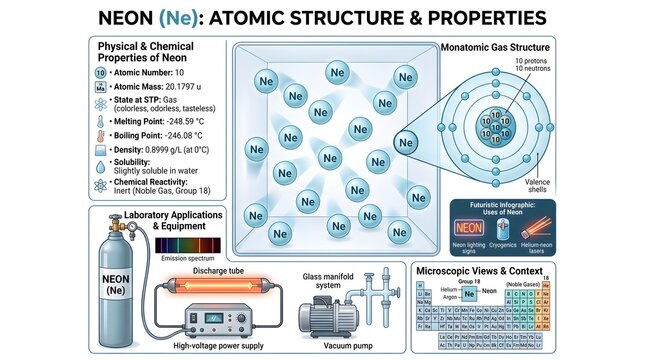 Neon (Ne) atomic structure and properties infographic showing Bohr model, monatomic gas particles, key physical and chemical data, laboratory gas cylinder, discharge tube setup, microscopic Ne behavio