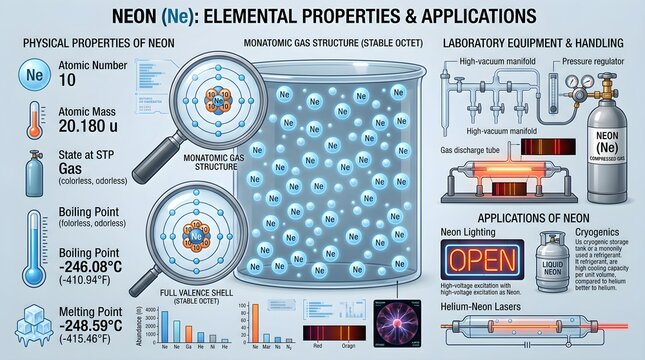Neon (Ne): elemental properties and applications infographic combining atomic structure, microscopic gas model, physical data, spectral analysis, lab equipment and major uses in neon signs, discharge 