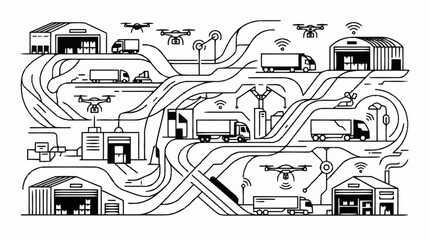 Naklejka premium Modern logistics network with trucks and drones.