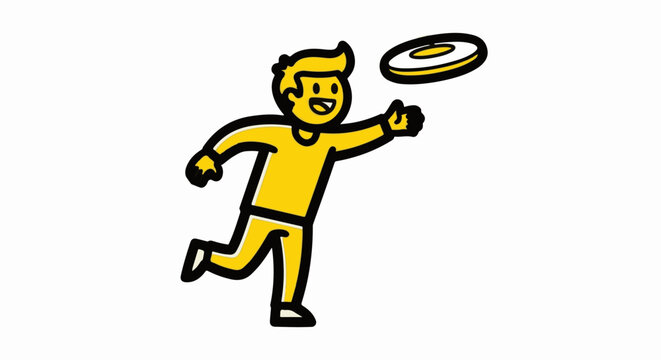 Cartoon character joyfully throwing a frisbee outdoors.
