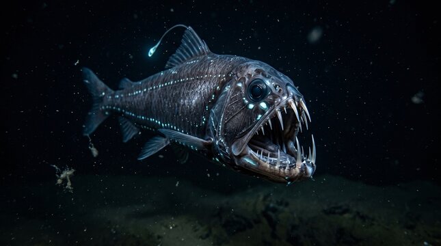 Deepsea Monster Fish with Glowing Lure in Dark Ocean