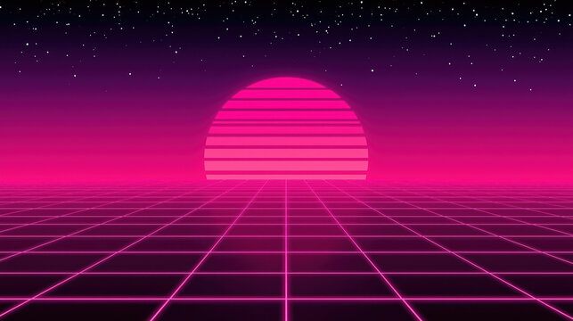 Neon sunset grid horizon retro sunset synthwave with starry sky
