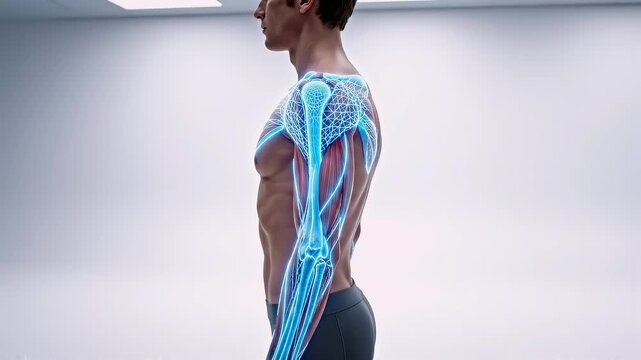 man standing in a clean white space while skeletal muscles and fiber pathways illuminate along the arm, visualizing strength, motion mechanics and advanced nano-structure support