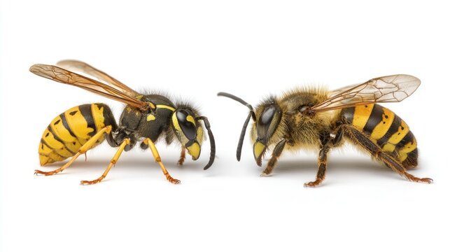 A side profile of a wasp vs a bee side-by-side comparison chart, educational reference, isolated on white background, sharp detail