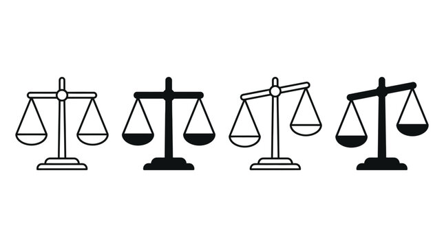 Justice scales line and silhouette icon collection for law firm balance and court judge