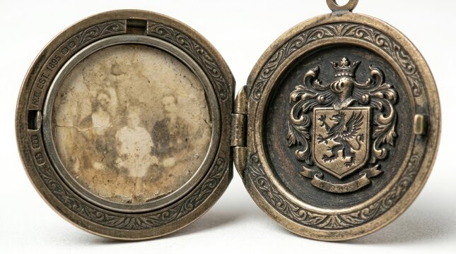 Antique Locket with Family Photo and Heraldic Crest.