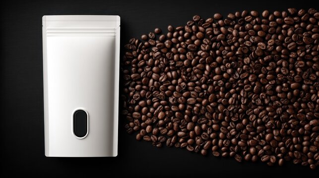 Plain white stand up pouch packaging sits beside a generous spread of roasted brown coffee beans on a dark background.