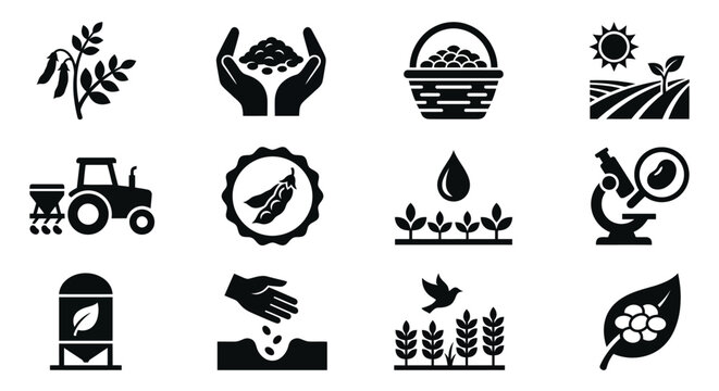 Set of Agriculture and Farming Icons Featuring Soybeans and Crop Production