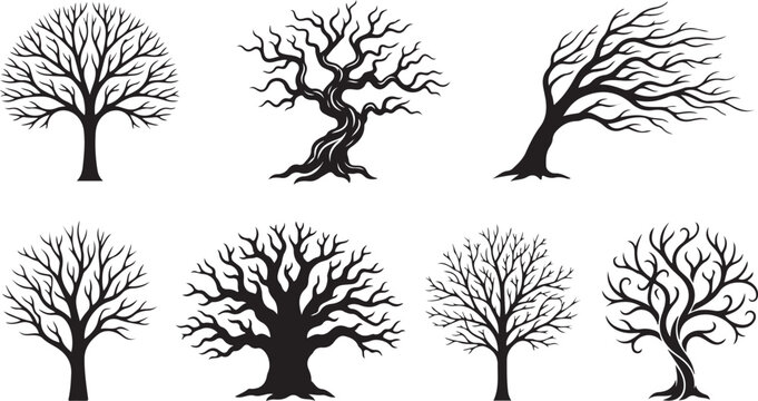 Bare Trees, Tree Silhouettes, Black Tree Icons, Vector Tree Set, 6 Trees