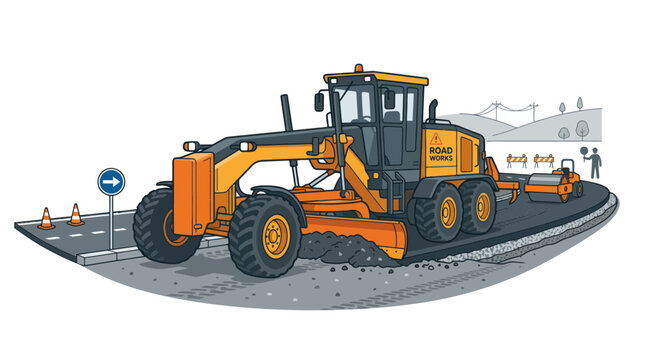 Heavy motor grader leveling soil for highway road works construction