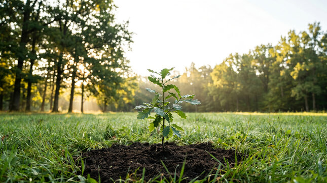 Young green oak tree sapling, fresh dark soil patch, growing under morning sunlight, open grassy field forest background, environmental nature photography