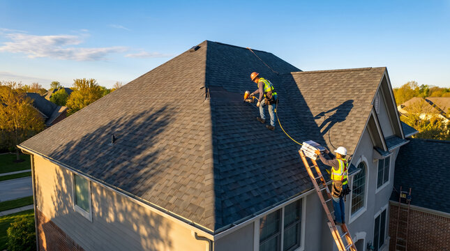 Two professional roofers in high-visibility vests, installing asphalt shingles with tools, working on top of a residential house roof, construction photography