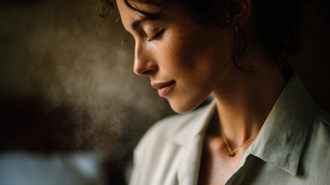 Profile portrait of a contemplative young woman with eyes closed in soft golden lighting, woman face