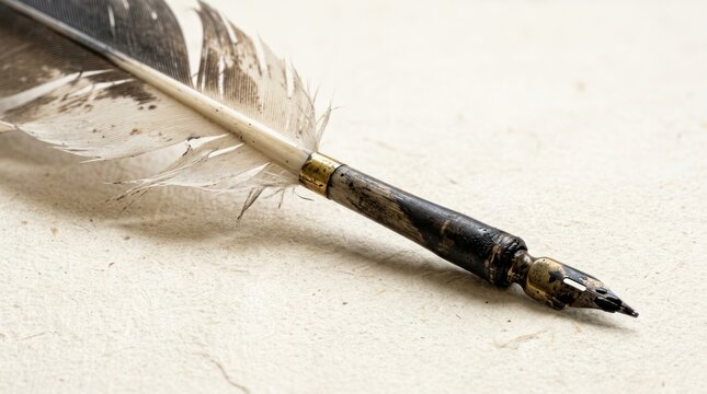 Close-up of a vintage quill pen with a detailed marbled barrel resting on a textured surface.