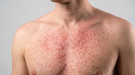 Naklejka premium Close Up of Caucasian Male Chest with Red Inflammatory Rash Allergic Reaction or Pityriasis Rosea
