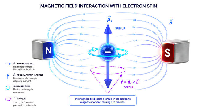 Magnetic Field Interaction With Electron Spin Educational Diagram | Quantum Physics Electron Spin And Magnetic Dipole Illustration | Scientific Electromagnetic Field Diagram With North South Magnets