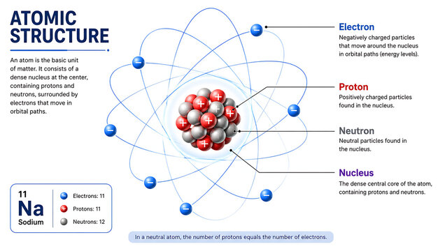 Atomic Structure Model With Electrons Around Nucleus | Clean Scientific Atom Illustration On White Background | Quantum Physics Atom Diagram With Blue Electron Orbits