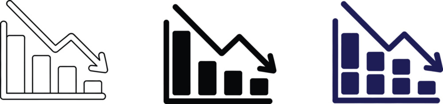Three of a downward trending bar graph with a descending arrow bar chart