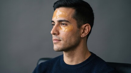 Obraz premium Side Profile of Young Man Looking Sideways with Golden Eye and Forehead Hydrogel Patches