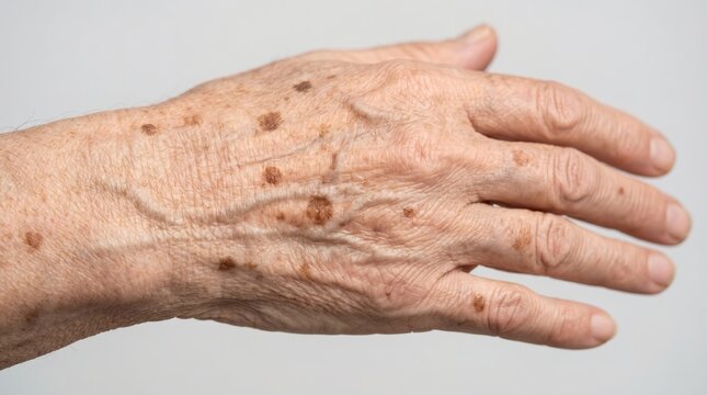 Close Up of Senile Lentigines Age Spots and Wrinkles on Back of Hand of Senior Person